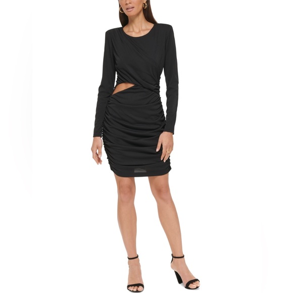 Guess Dresses & Skirts - Guess Black Long Sleeve Ruched Cut-Out Dress Shoulder Padded Size 4